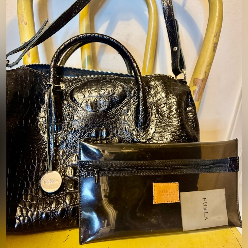 Furla Black Croc-Embossed Satchel and Pouch (2 PIECES)